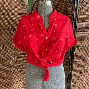 Size XL//Vintage 90s Red Short Sleeve Button Up with White Star Embroidery